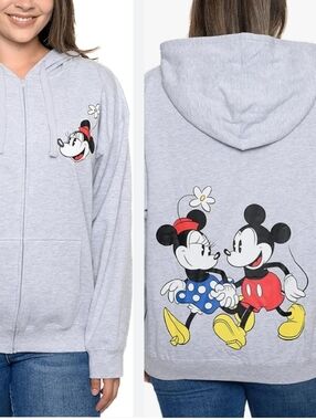 Disney Hoodie Womens Mickey & Minnie Mouse Print Zip Up Sweatshirt XL